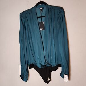 NWT Paige Green Silky Satin Sevilla Surplice Long Sleeve Bodysuit Size XL